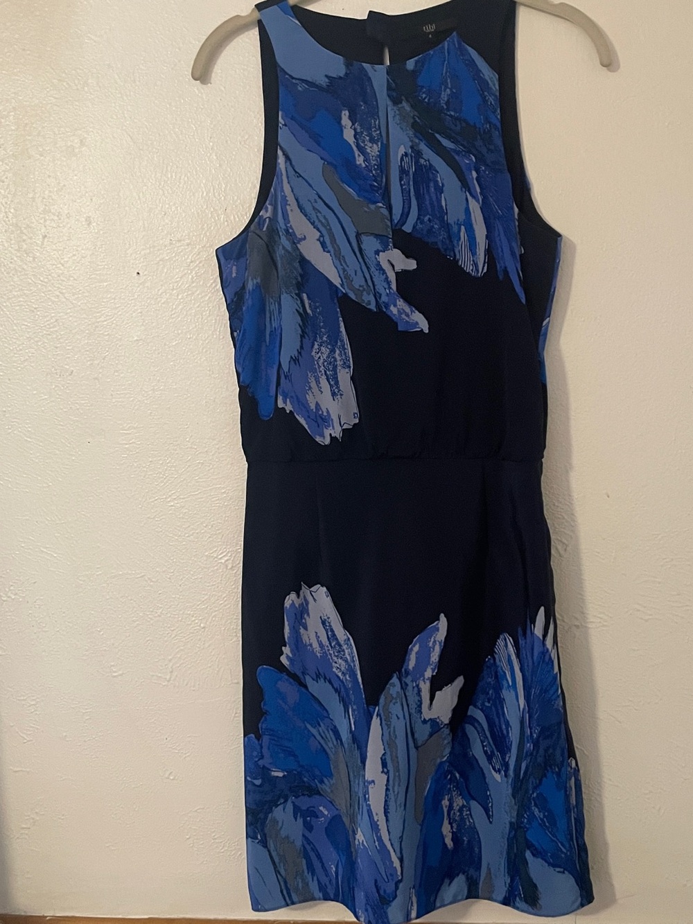 Tibi Blue Black Abstract Floral 100% Silk Keyhole A-Line Dress Size 4